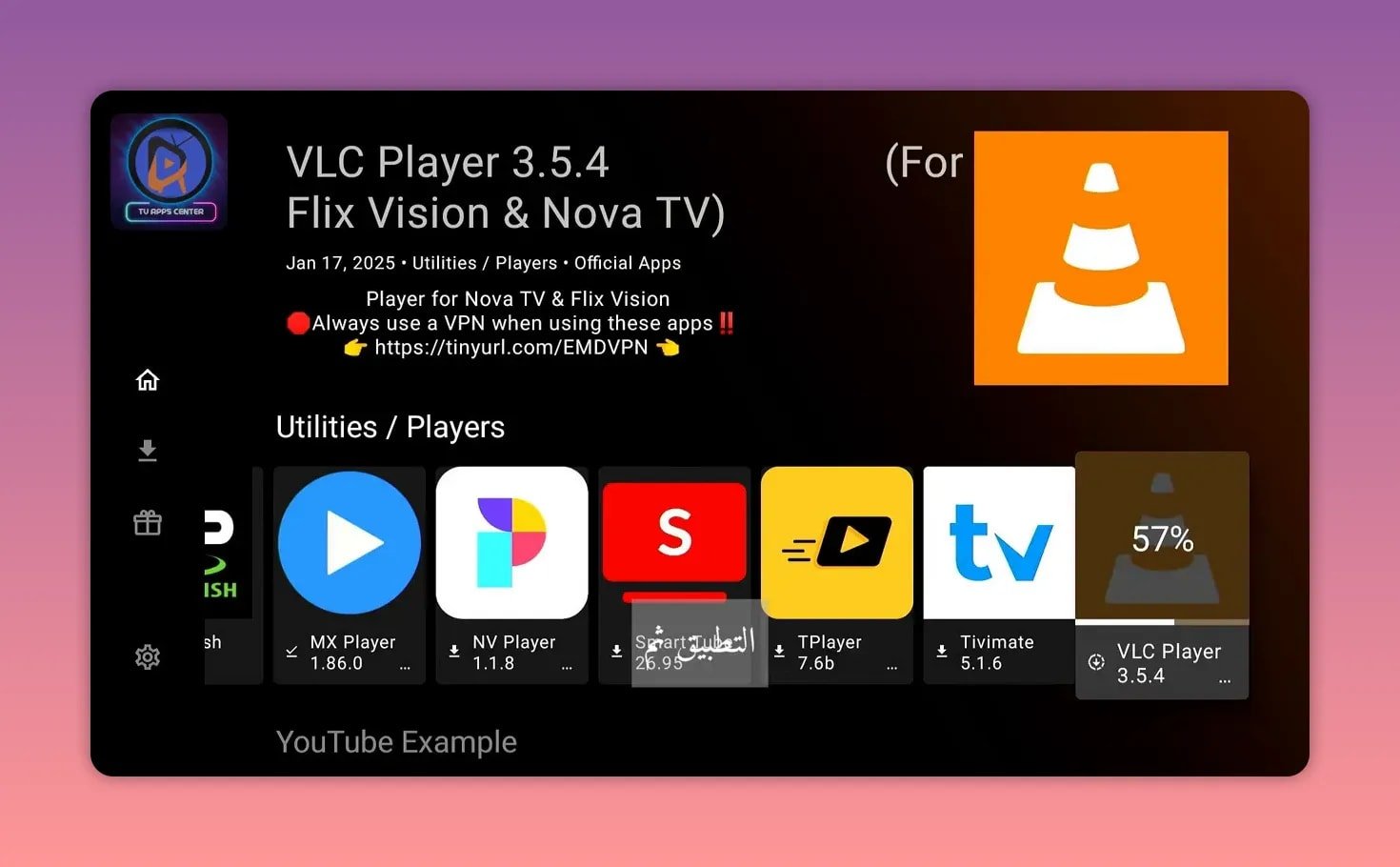 Unlinked download complete prompt for VLC Player 3.5.4 TV with options to open file or close